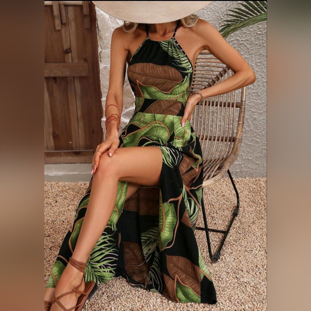 Shein Tropical Leaf Print Maxi Dress